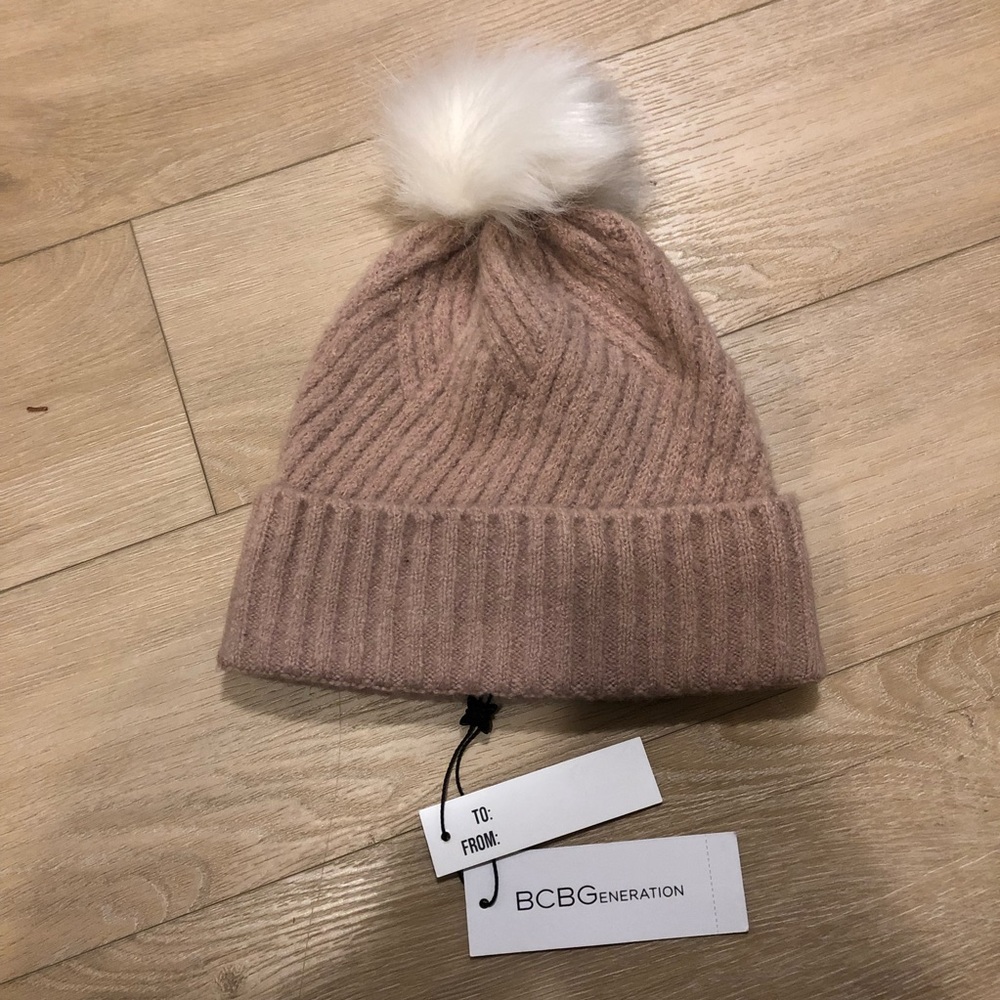 BCBG Pink Knit Pom Pom Beanie